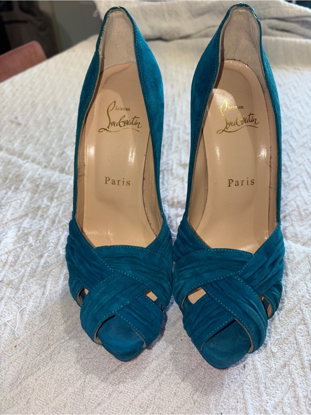 Christian Louboutin Teal Suede Peep-Toe Pumps with Braided Detail